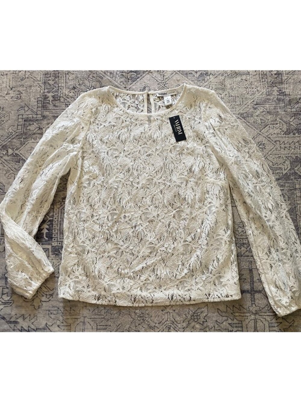 WHBM Long Sleeve Lace Blouse Ecru Size 4 Cream Ivory Floral Sheer Top New